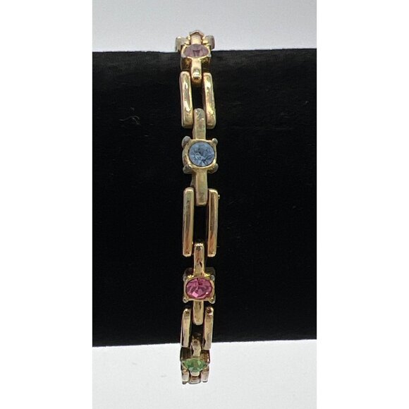 Gold-Tone Link Bracelet With Multicolor Gemstones & Fold-Over Clasp 7 Inches - Picture 1 of 6